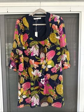 Trina Turk Navy Floral Scoop-Neck dress with Pink, Yellow and Green small cruise